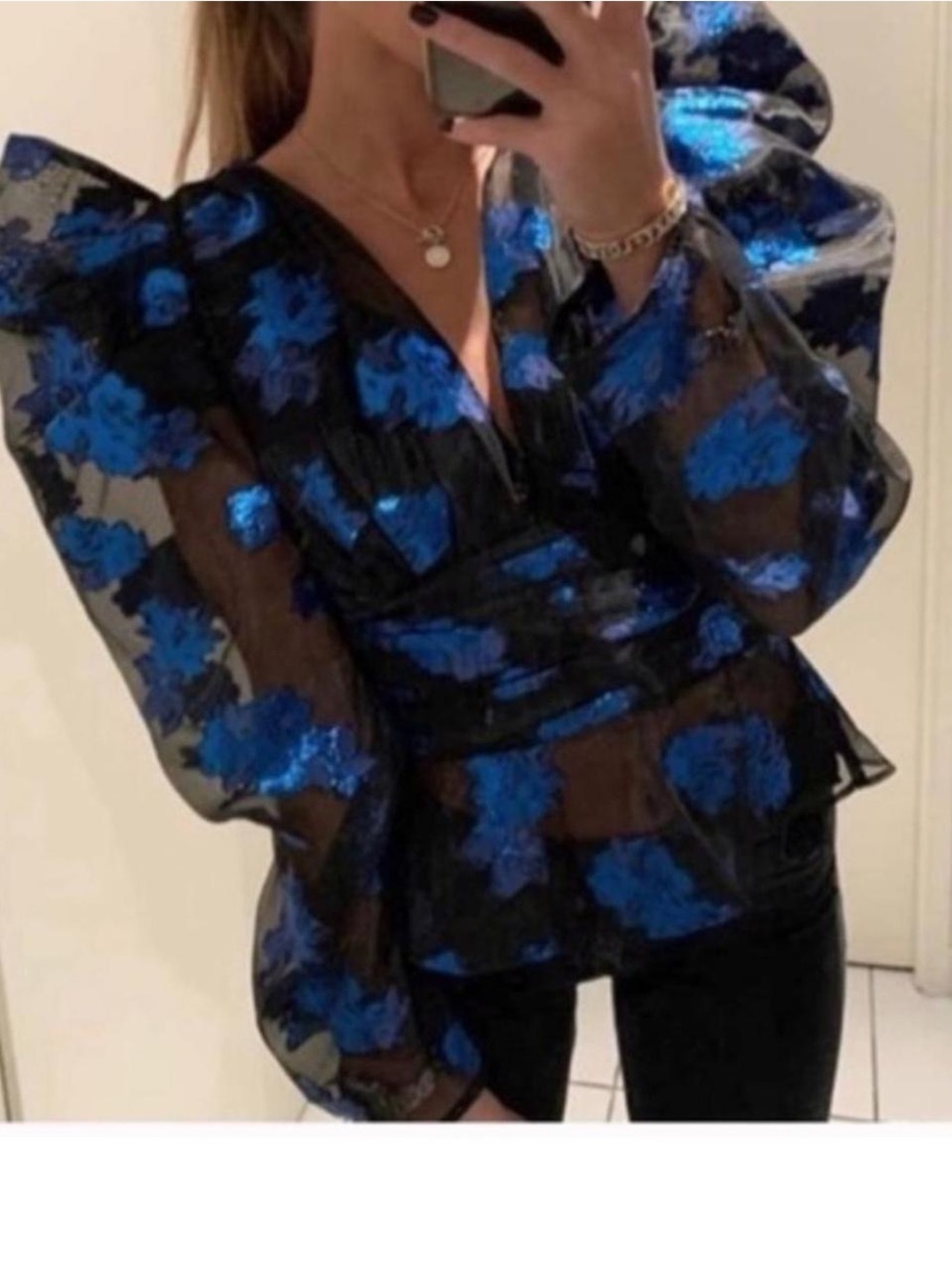 Zara Black Sheer Blouse with Electric Blue Floral Appliqué